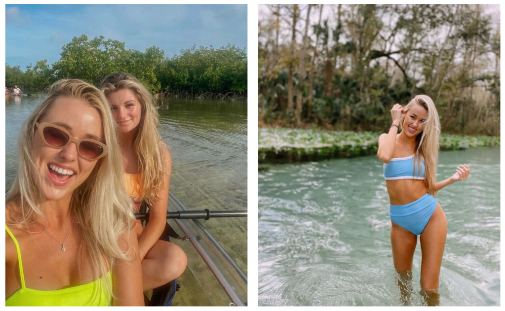 a woman smiling next to a lake