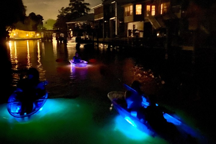 a river with a city in the dark