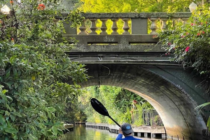 a boat traveling across a bridge over a body of water