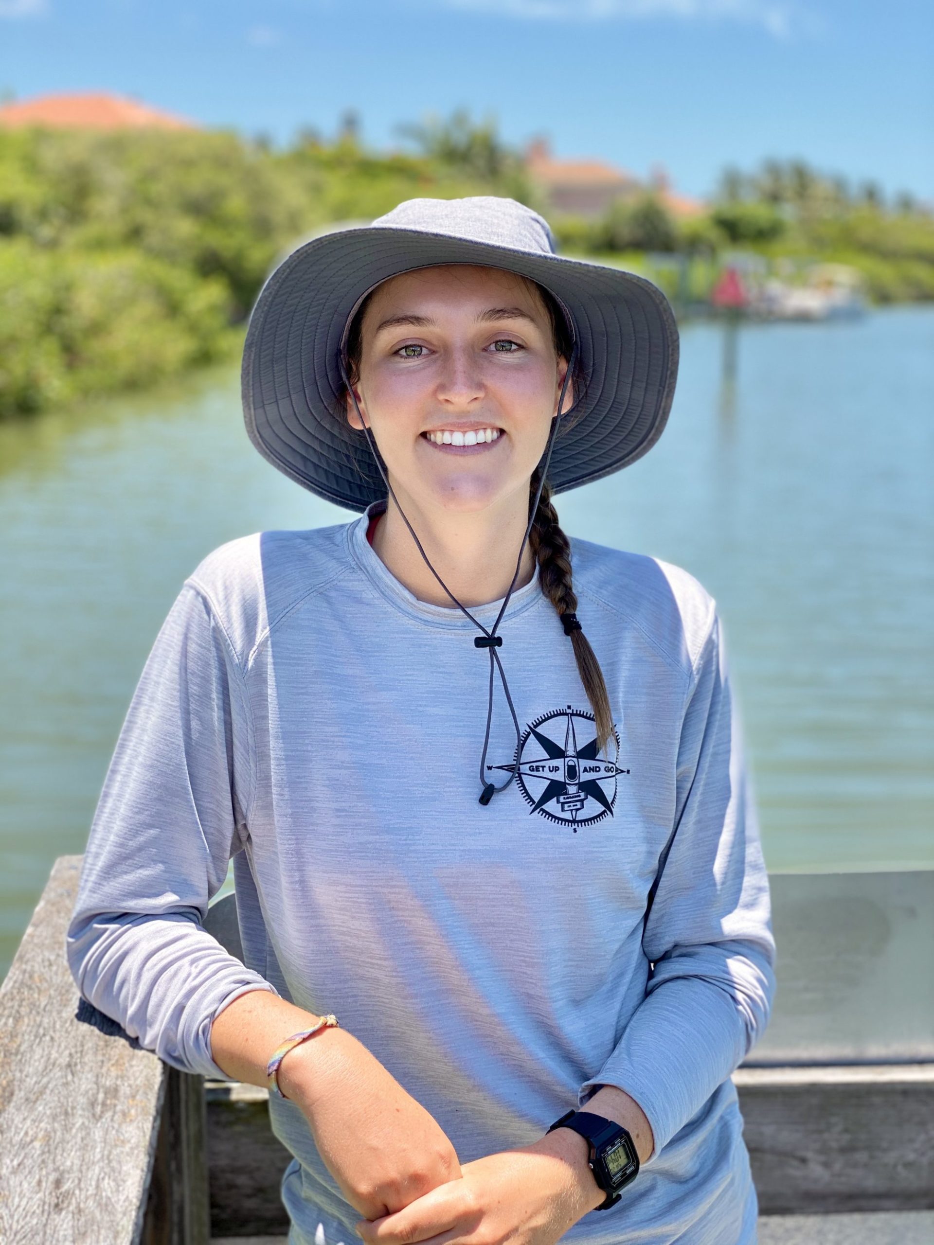 a person wearing a hat and a body of water