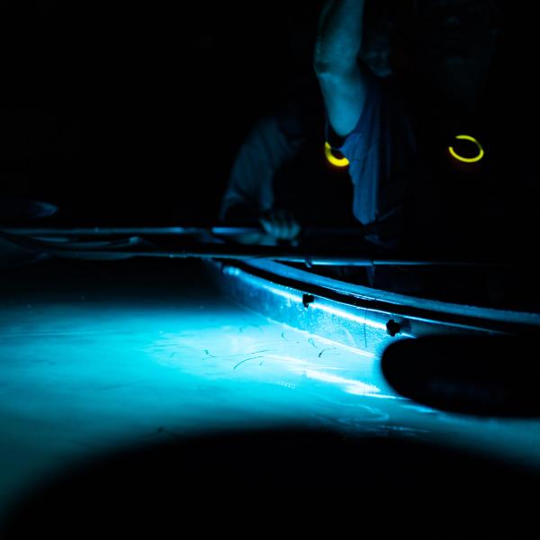 a person riding a surf board in the dark