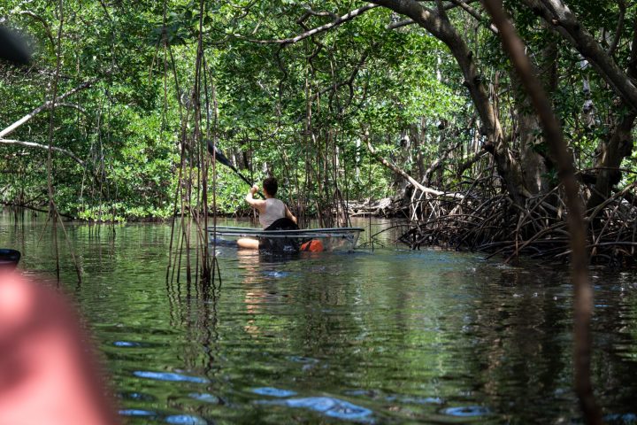 a group of people sitting around a pond