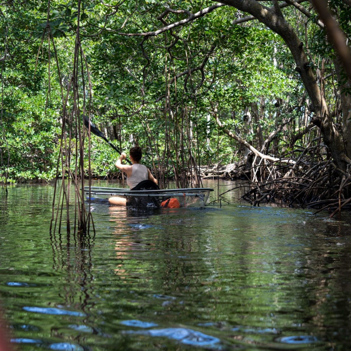 a group of people sitting around a pond