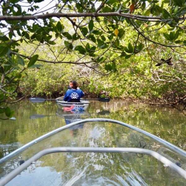 a person riding on top of a river