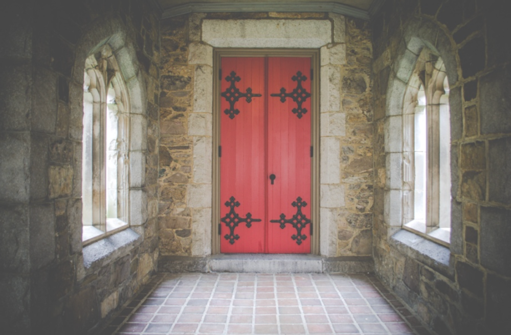 a double door in a brick building