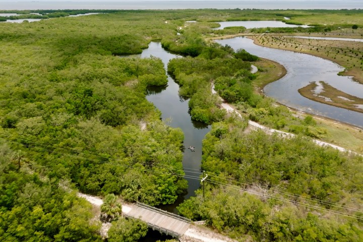 a river with a lush green field