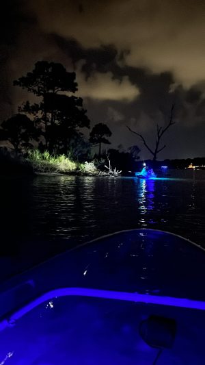 a body of water with a city in the dark