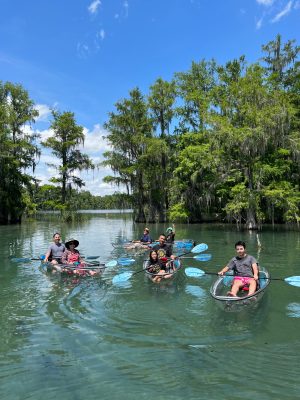 a group of people rowing a boat in the water