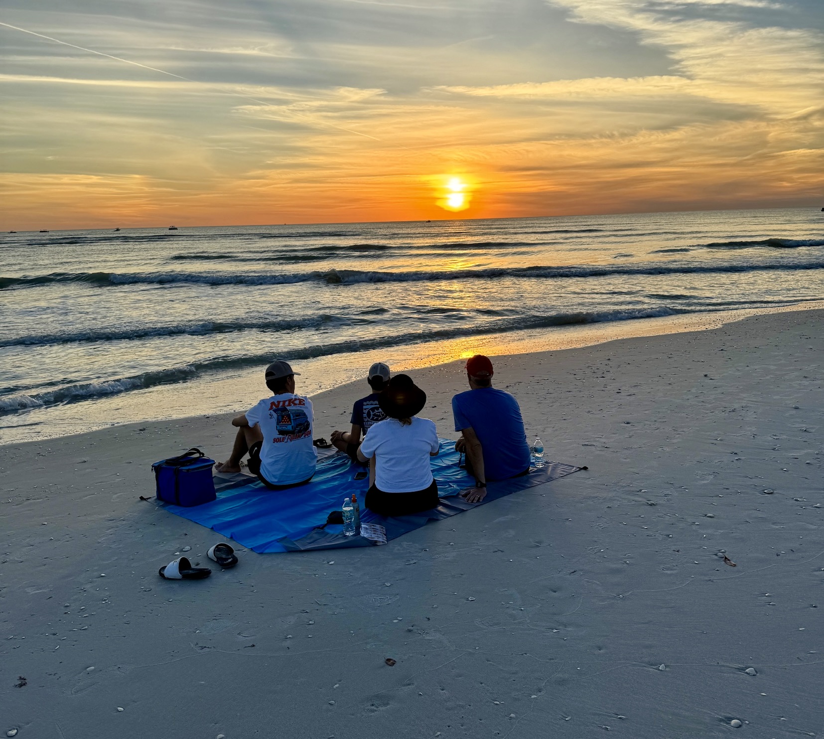 a group of people sitting at a beach