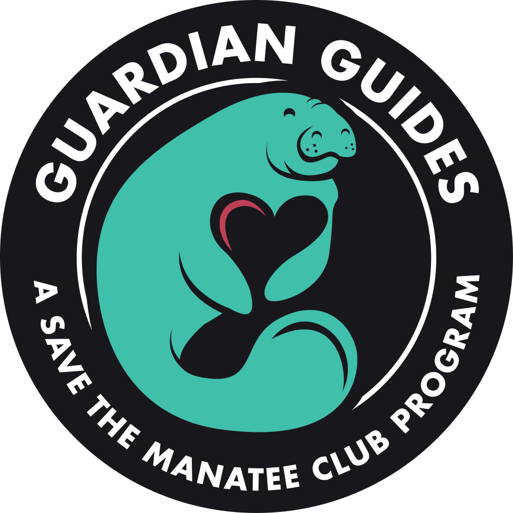Teal manatee holding a heart on a black circle with text 'Guardian Guides, A Save the Manatee Club Program'.