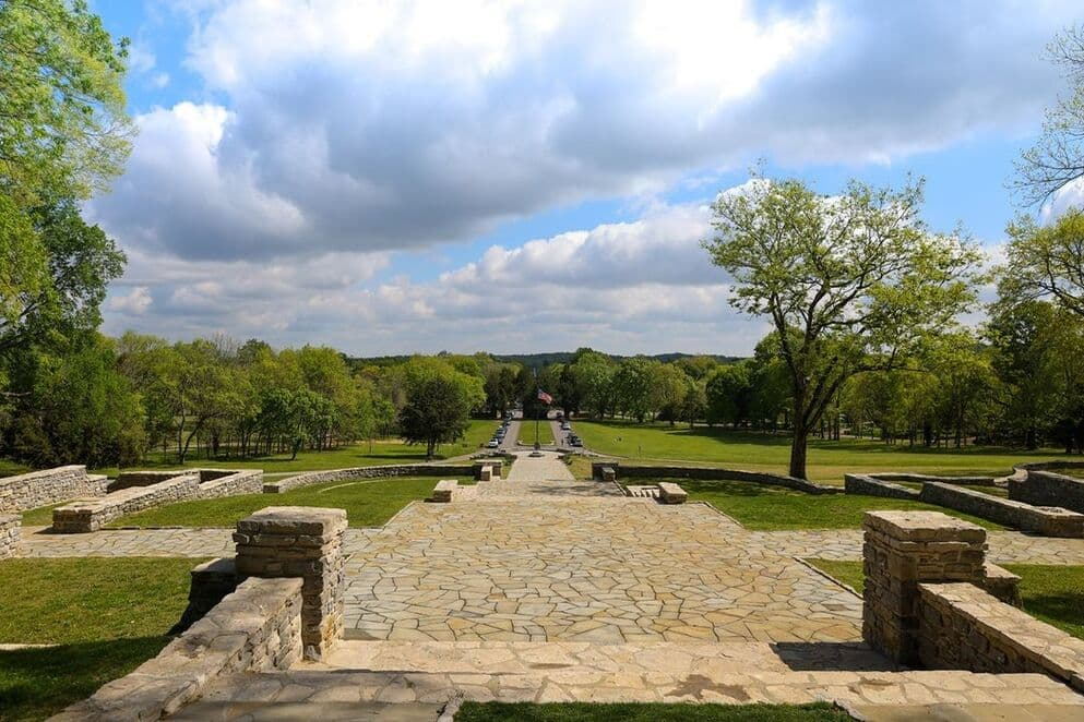 a stone path in a park