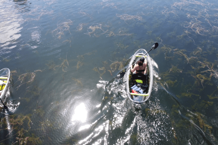 a man flying through the air on a mountain lake