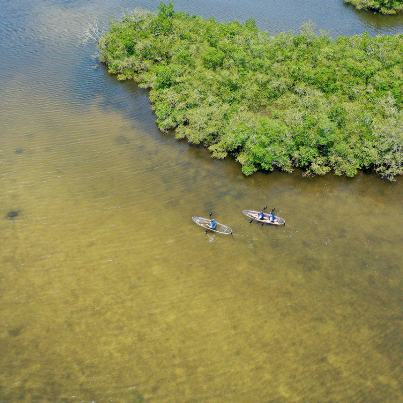 a boat floating along a river next to a body of water