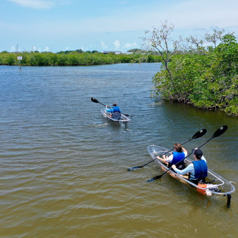 a group of people rowing a boat in a body of water