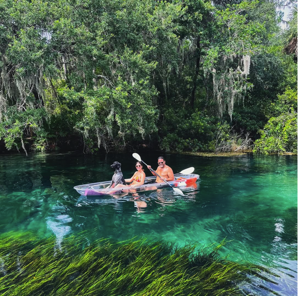 Two people and a dog in a kayak on clear water with lush trees around.