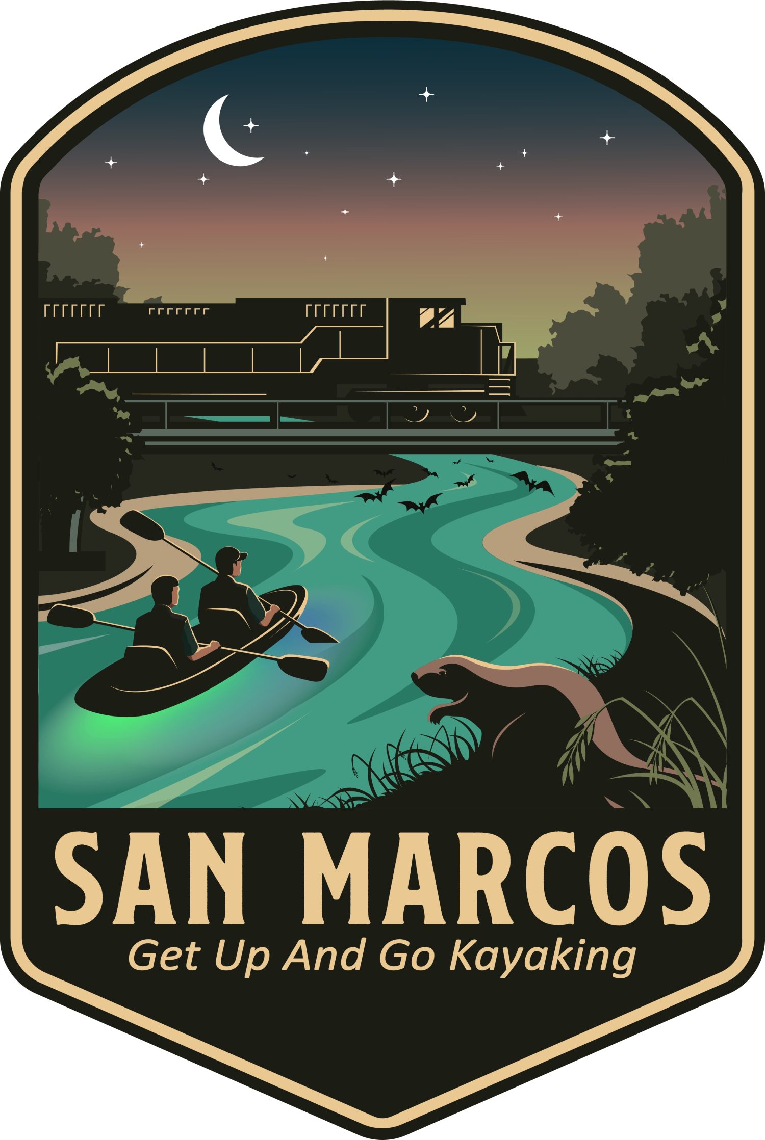 San Marcos River Illustration of two people kayaking at night with a train, bats, and otter, captioned 'San Marcos Get Up And Go Kayaking'.