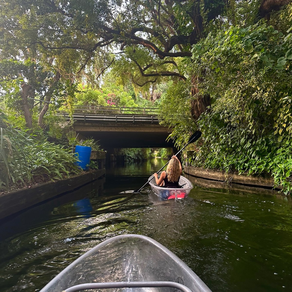 Person kayaking on a narrow, tree-lined waterway under a bridge.