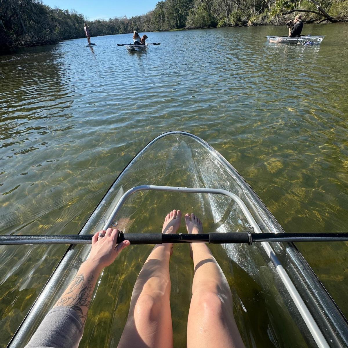 Person kayaking in clear kayak on calm river with trees and other kayakers in view.