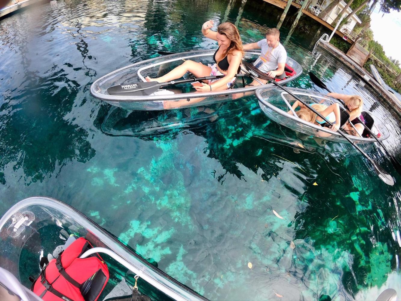 People paddling clear kayaks on clear blue water, revealing the underwater scenery.
