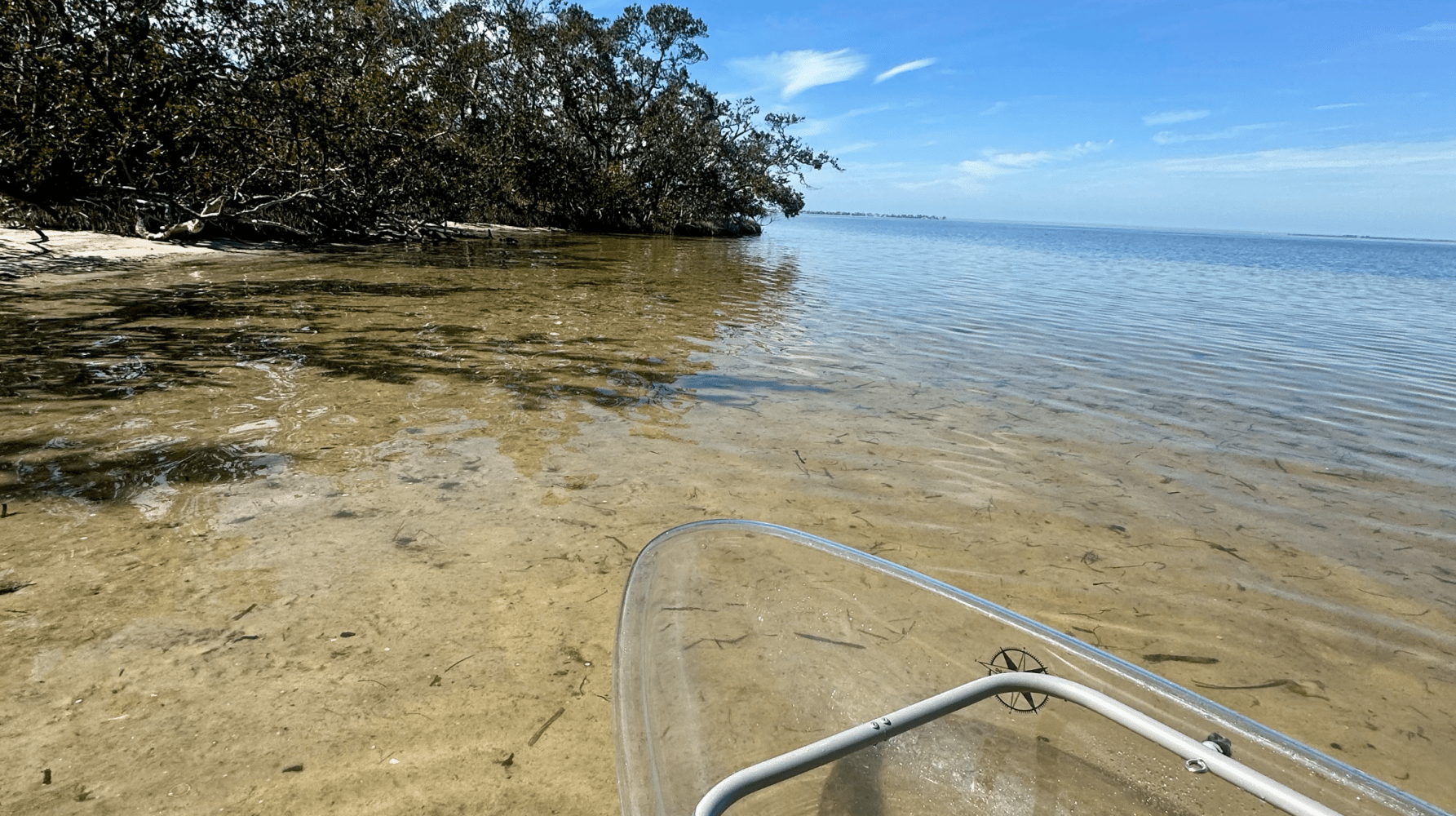 View from a clear kayak on shallow, clear water near a forested shoreline under a blue sky.