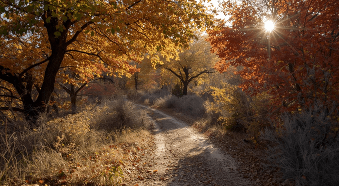A sunlit path through autumn trees with vibrant leaves and sunlight filtering through the branches.