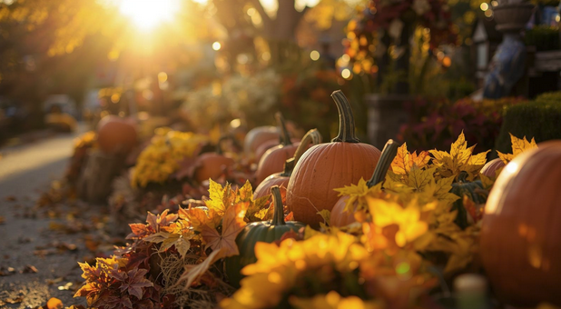 Autumn scene with pumpkins and colorful leaves under warm sunlight.