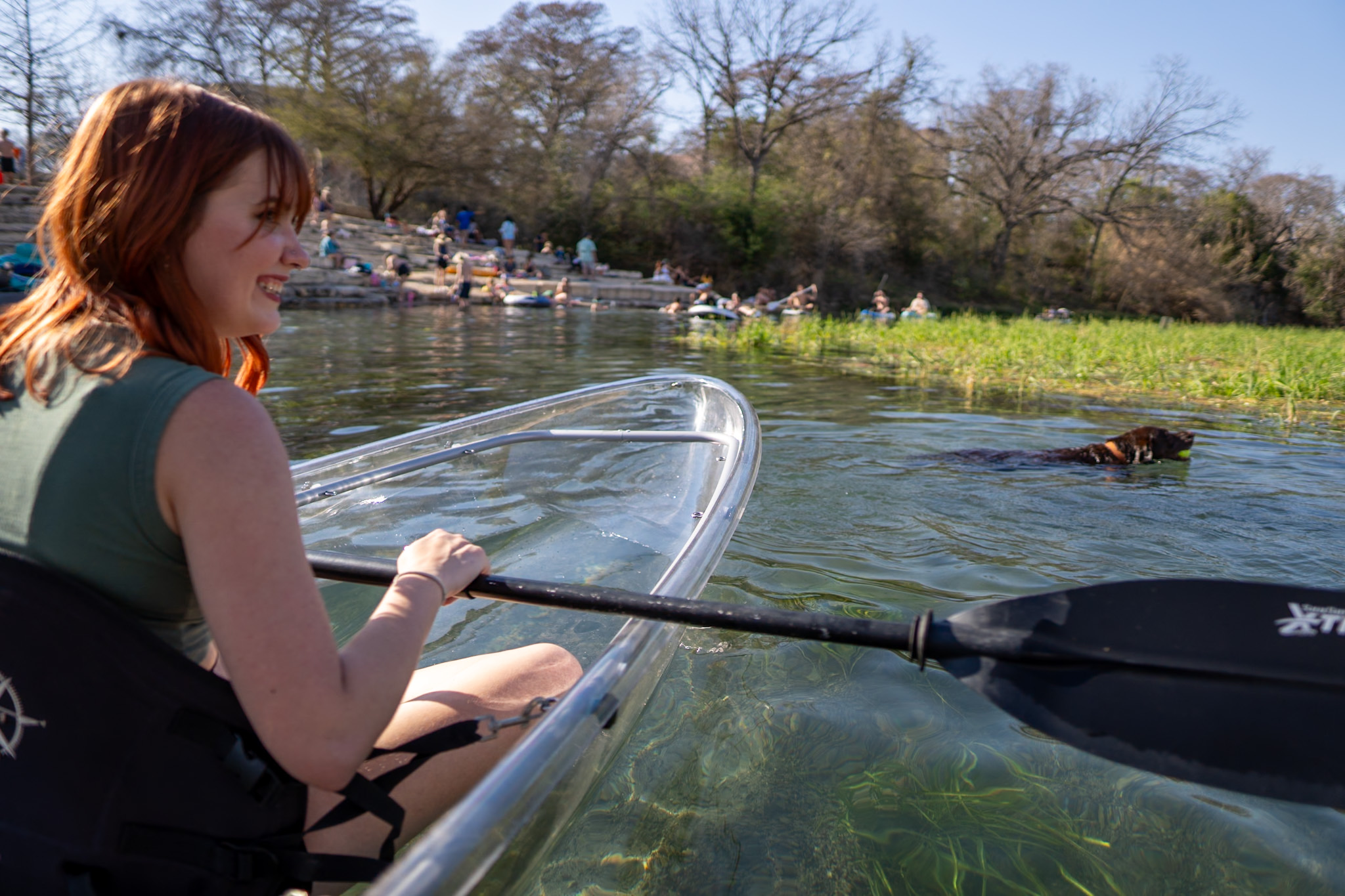 Clear Woman kayaking in clear kayak, smiling at swimming dog in a calm lake with trees and distant people.