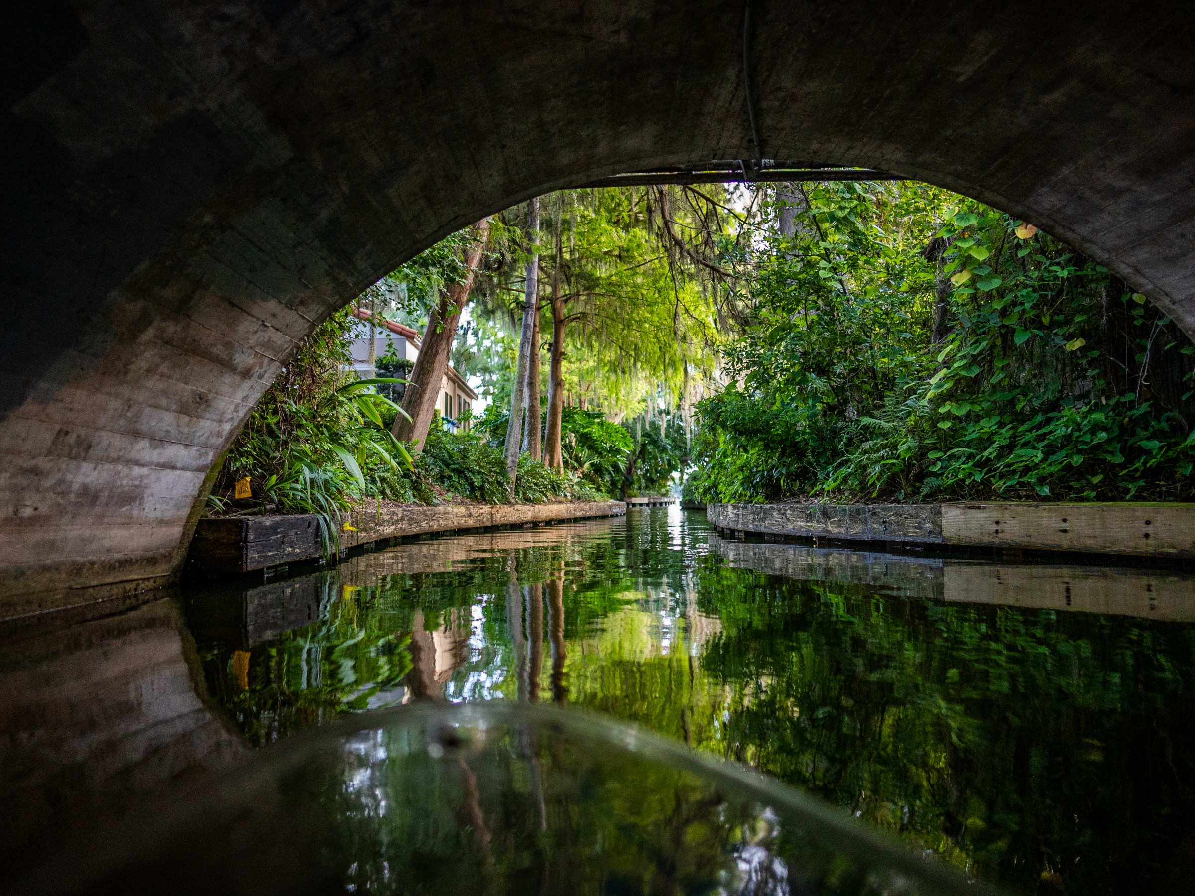 View from under a bridge looking at a lush, green canal lined with trees.
