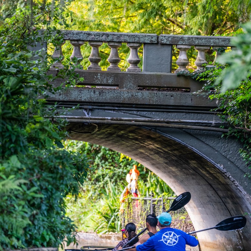 People kayaking under a stone bridge surrounded by lush greenery.