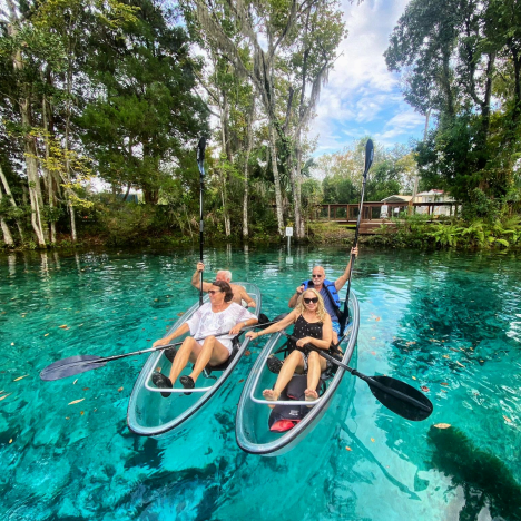 Two transparent kayaks with four people paddle on clear blue water surrounded by trees.