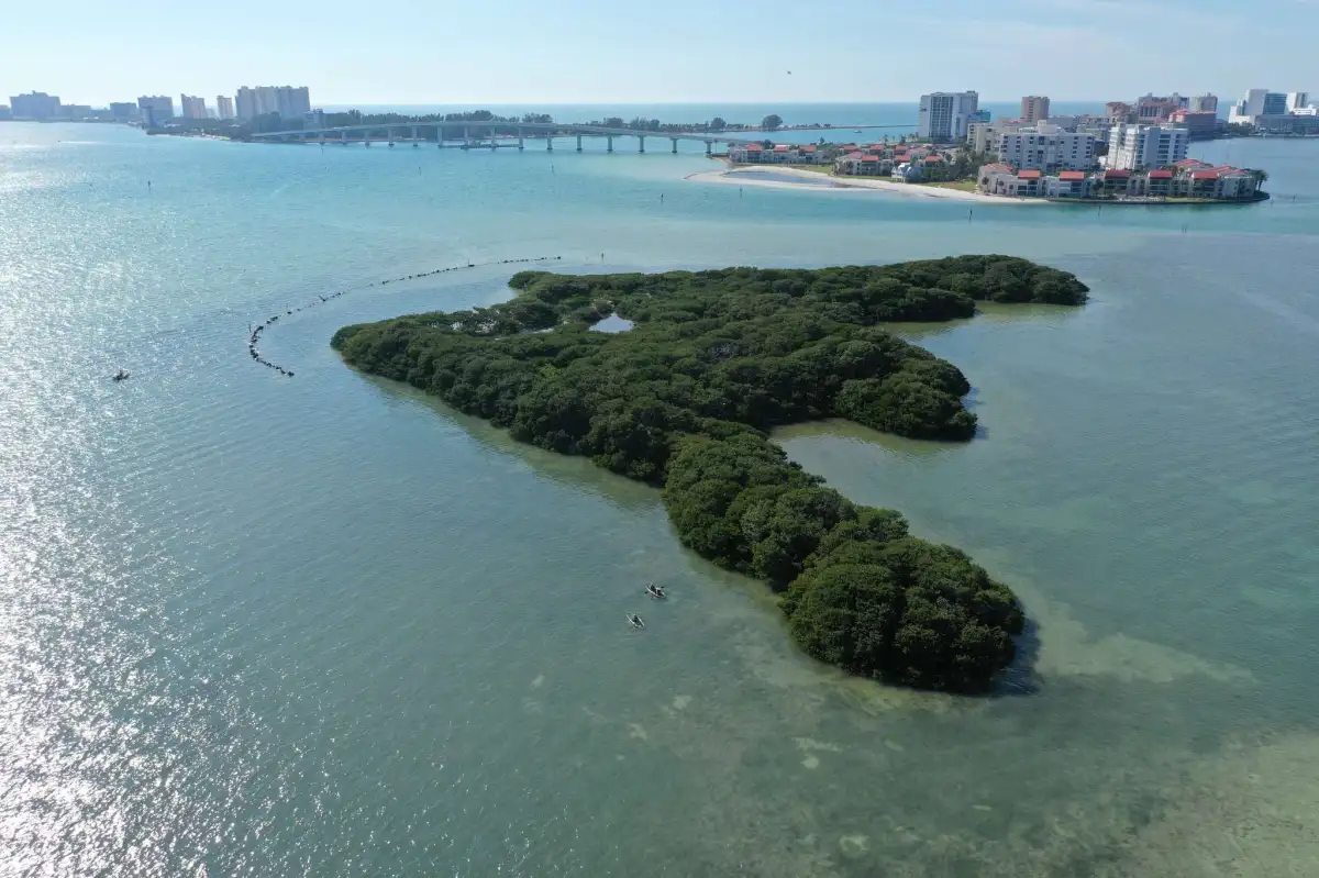 Aerial view of a small, green island surrounded by blue water, with a bridge and city skyline in the background.