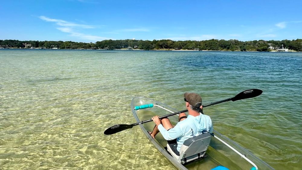 Person kayaking in clear water near a forested shoreline under a blue sky.