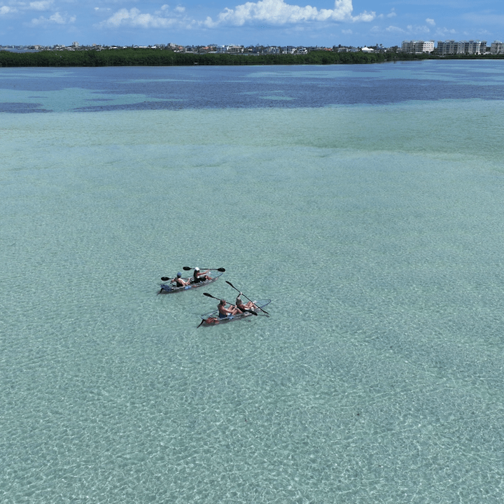 Two people kayaking on clear, shallow water with distant shoreline in background.