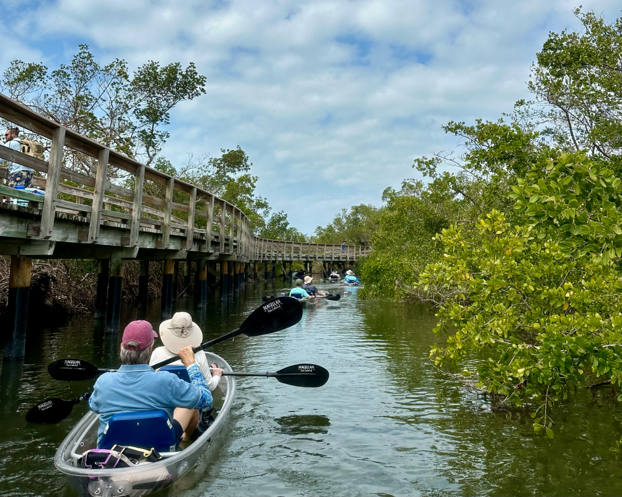 People kayaking in a narrow waterway with greenery and a wooden bridge.