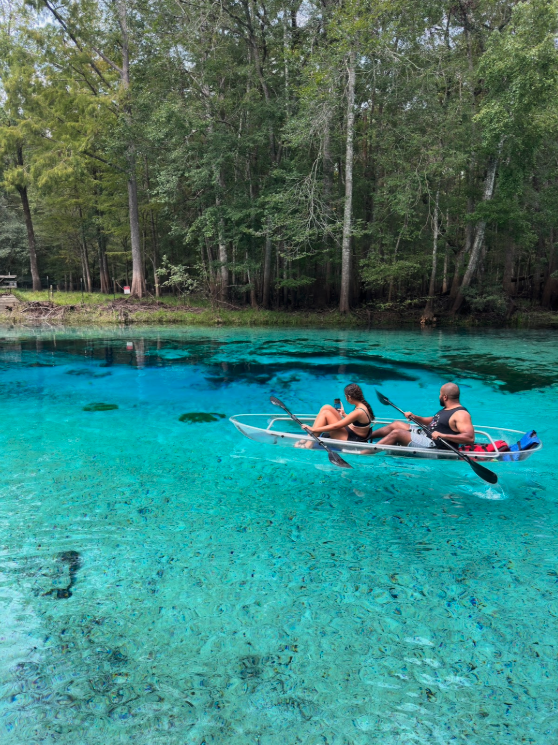Two people kayaking on clear, blue water next to a forested shoreline.