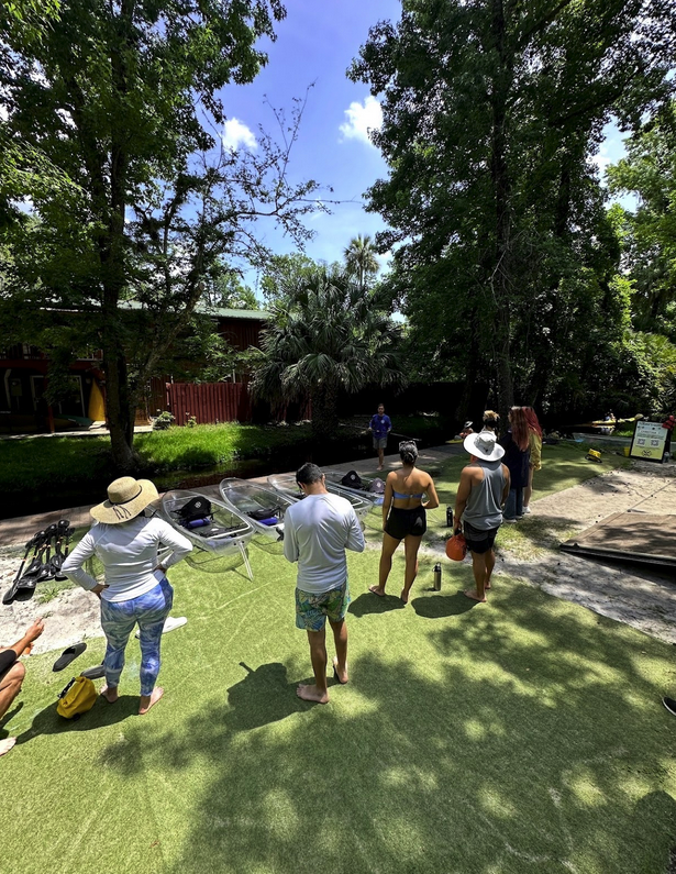 People gathered on grass with kayaks under trees, sunny day.