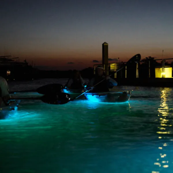 People kayaking at dusk with glowing lights on the water.