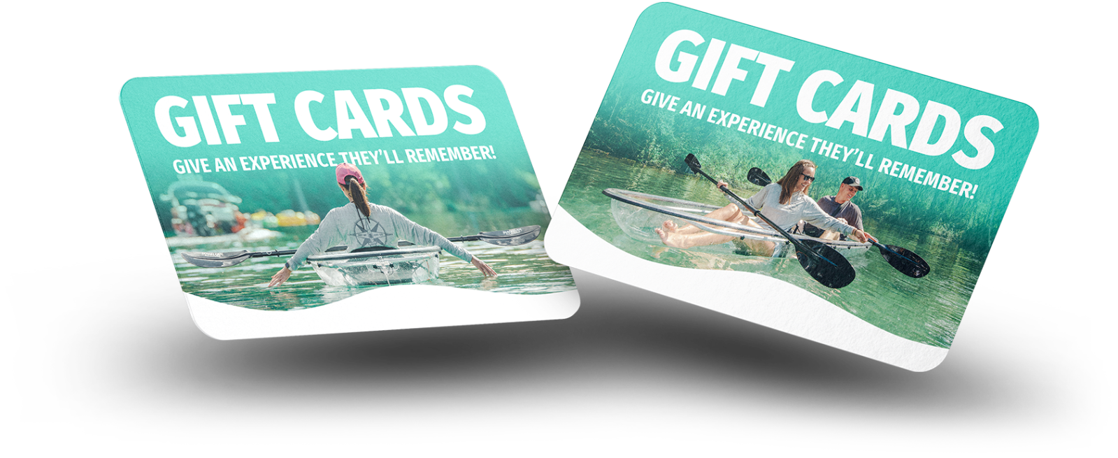 Two gift cards with images of people kayaking on a lake, text: 'GIFT CARDS - Give an experience they'll remember!'