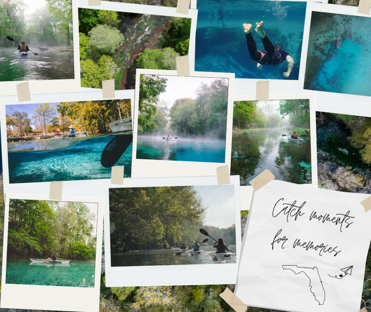 Collage of people kayaking and snorkeling in clear water surrounded by trees. 'Catch moments for memories' text included.