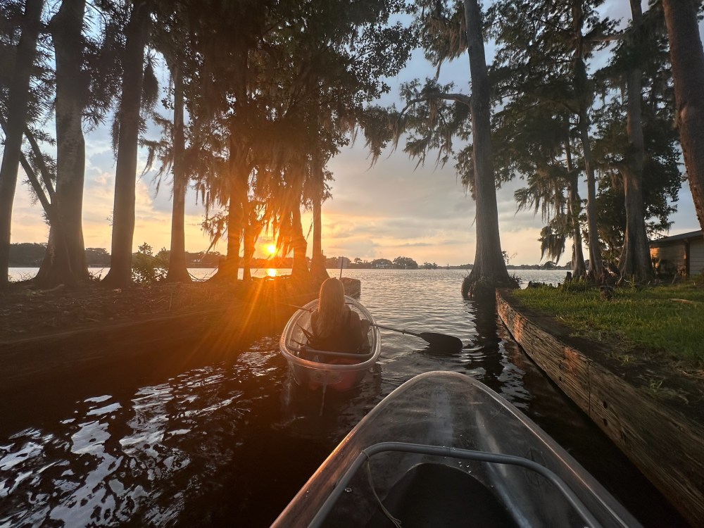 Person kayaking towards sunset through trees on a lake.