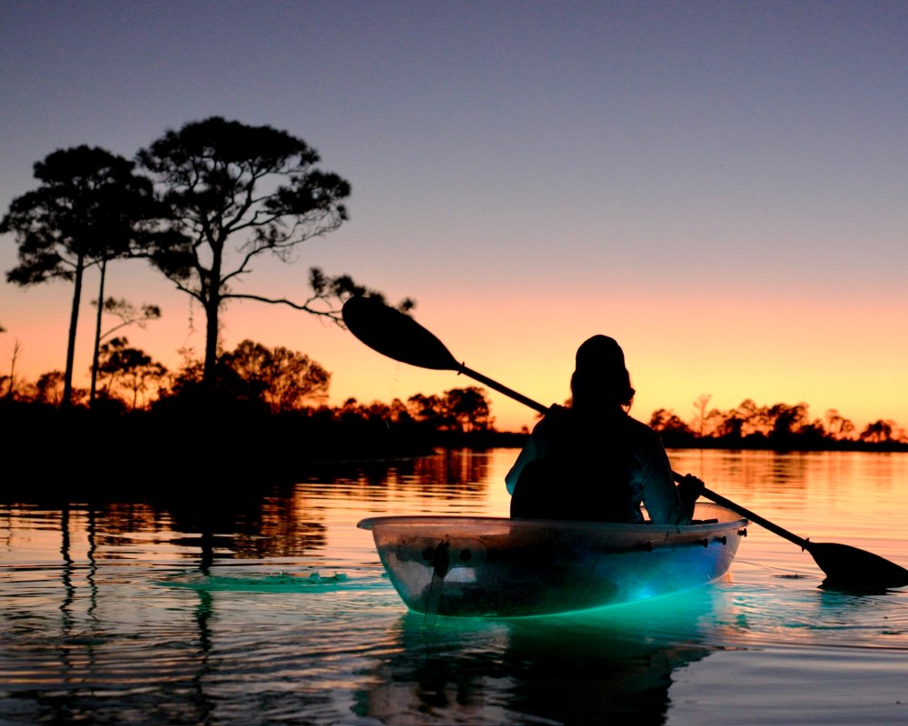 Silhouette of person kayaking on calm water at sunset with glowing kayak and trees in background.