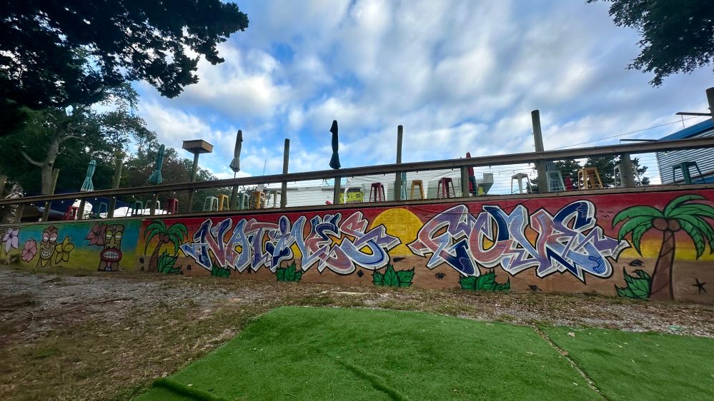 Colorful graffiti on a wall next to an outdoor seating area with palm trees under a cloudy sky.