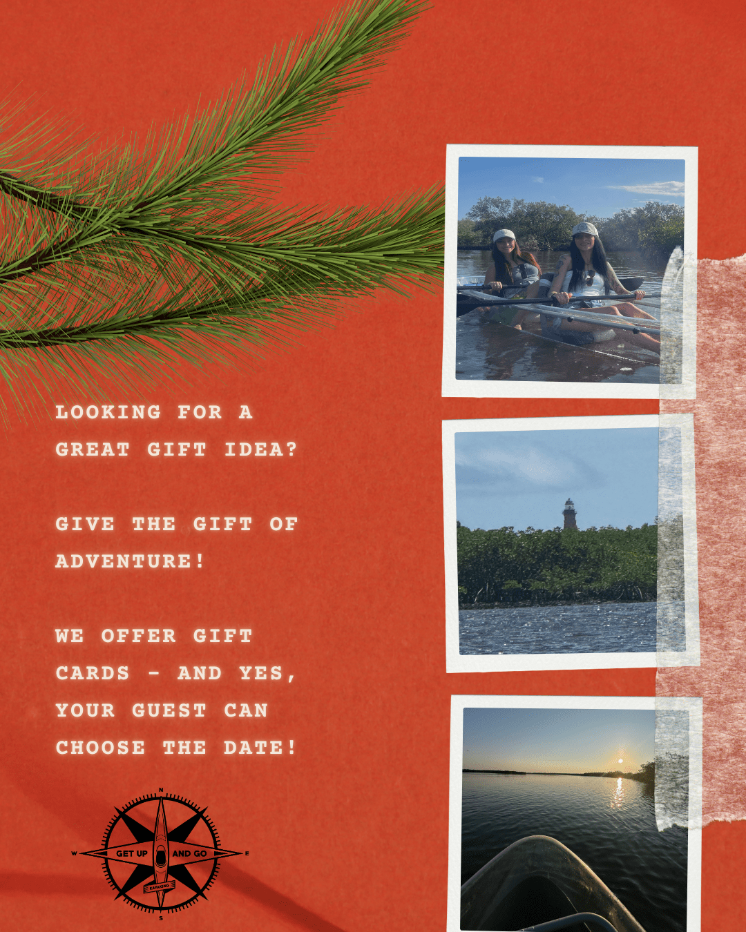 Red flyer with pine branch, adventure photos, and gift card text.