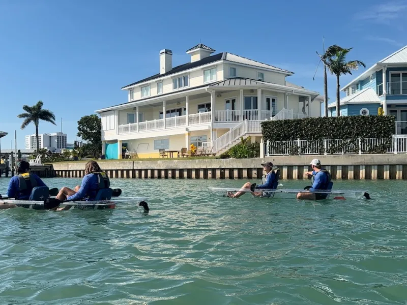 People kayaking on clear blue water near waterfront houses with palm trees.