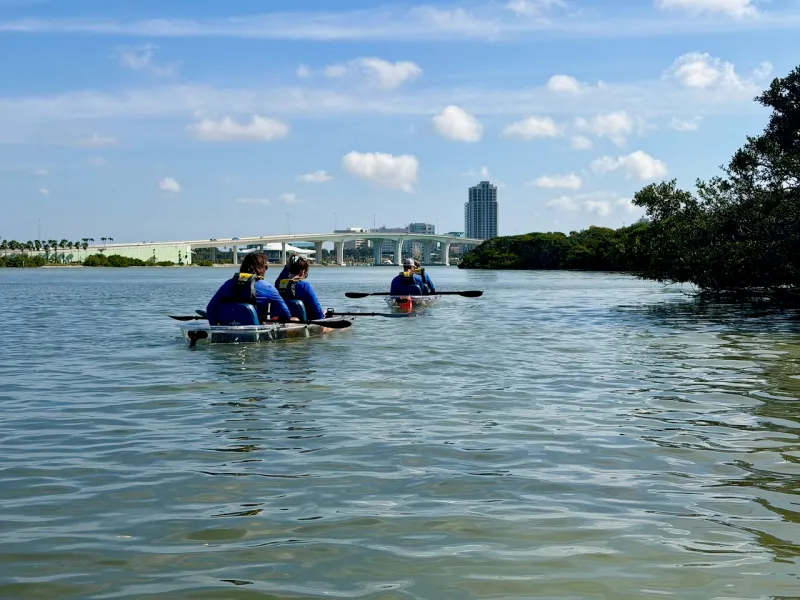 Three people kayaking on a calm river, with a bridge and city skyline in the background.