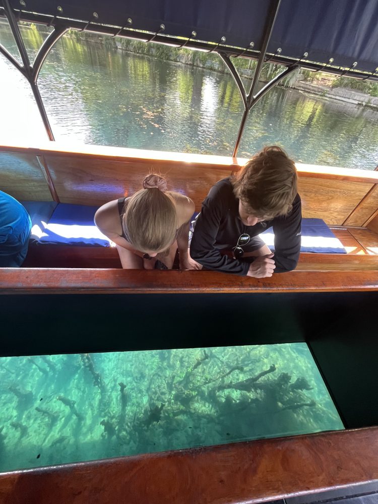 Two people looking down at water through a glass section in a boat.