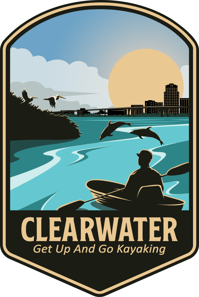 Kayaker on a river with dolphins, birds, city skyline, and sunset. Text: 'CLEARWATER Get Up And Go Kayaking'.
