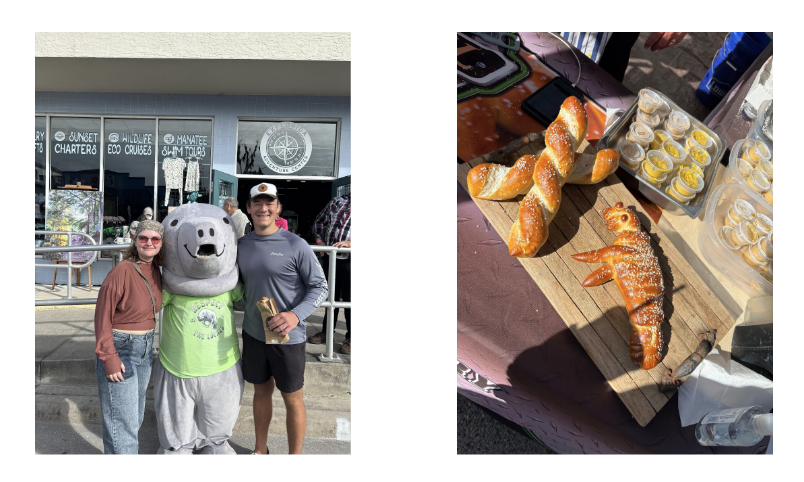 People with a manatee mascot; pretzel bread and sauces displayed on a table.
