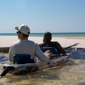 Two people kayaking in a clear kayak near a sandy beach with blue ocean and sky.