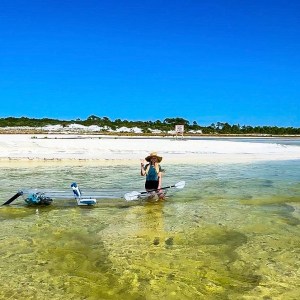 Person kayaking in shallow water near a sandy beach and trees under a clear blue sky.